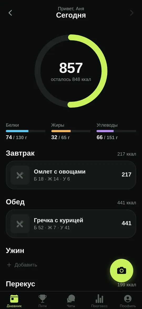 Дневник Cekta: съедено 857 ккал, осталось 848, белки 74 из 130 г